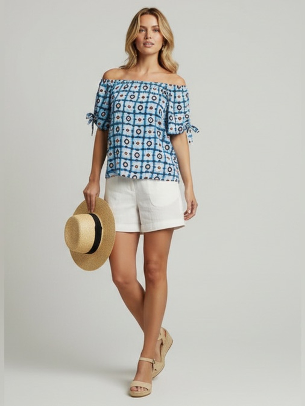 GRID & GLOW OFF THE SHOULDER GEOMETRIC PRINT TOP Blue